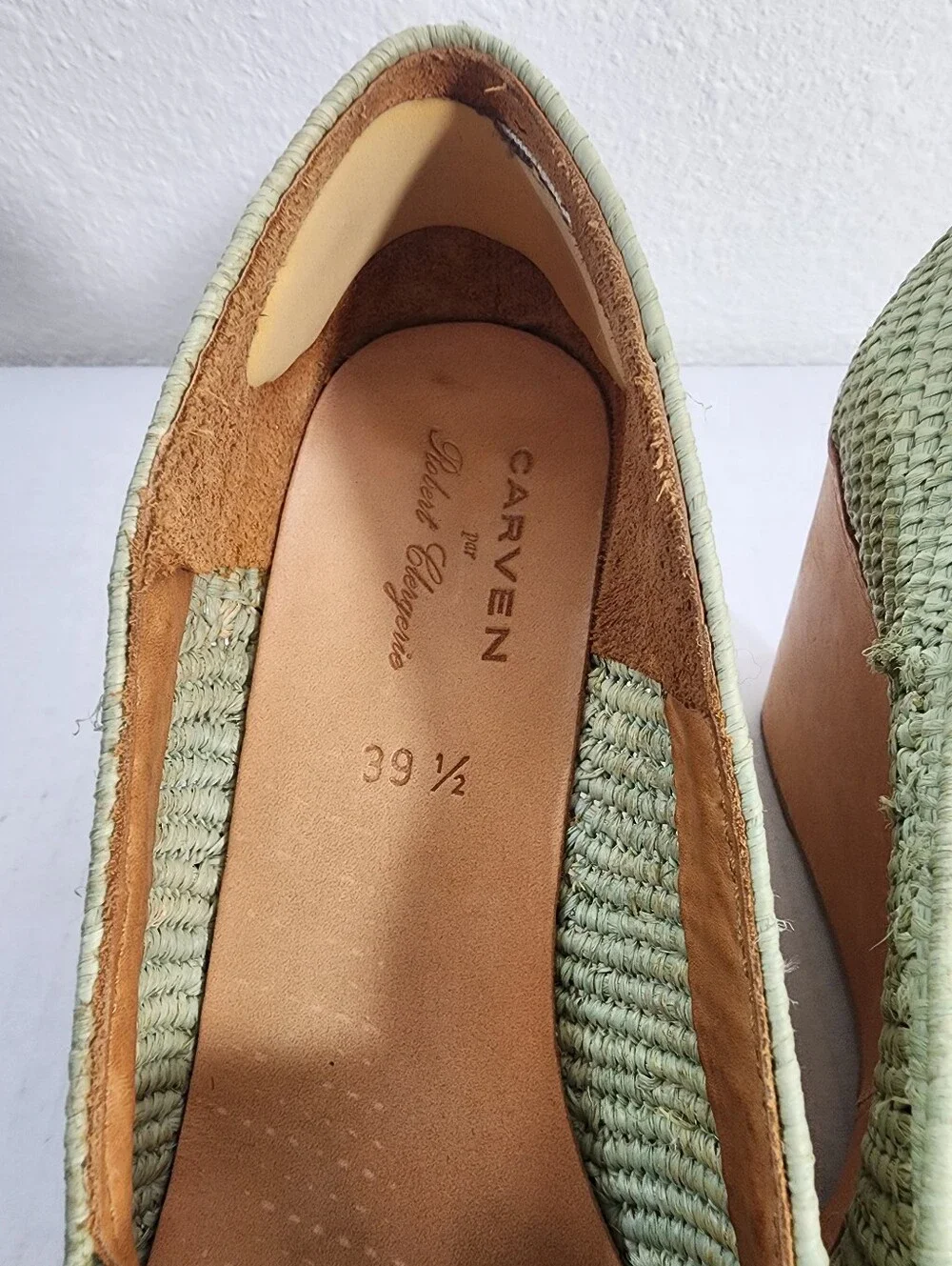 Carven x Robert Clergerie Raffia Platform Loafers Leather Sage Green EU 39.5